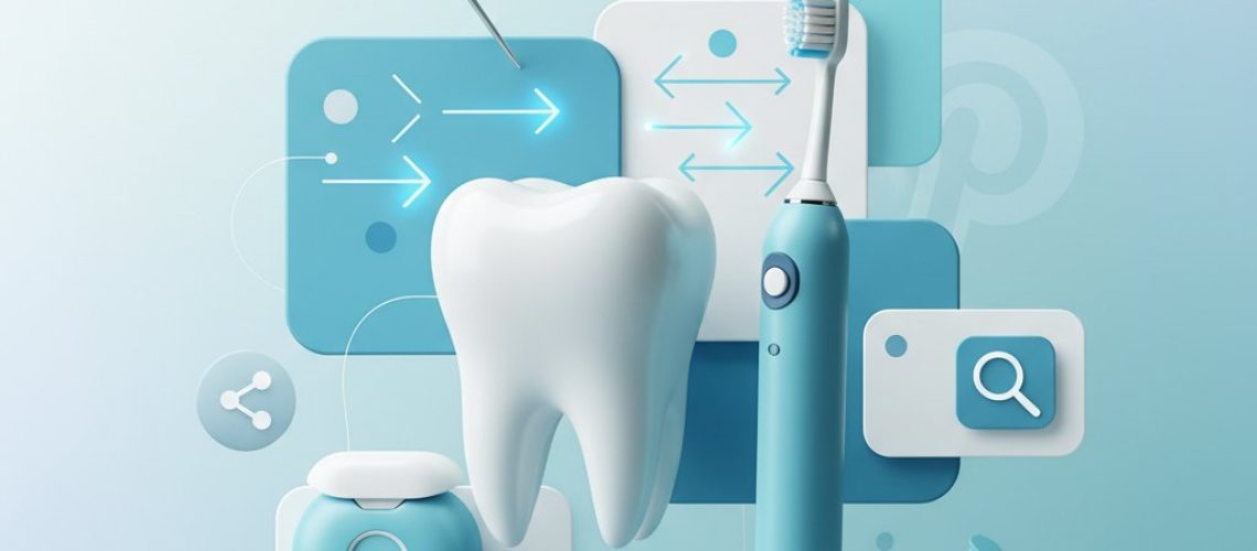 _1760378047 Abstract dental health hero image. Tooth, toothbrush, floss, and Pinterest pinboard shapes in blue, teal, and white create a bright, modern design.