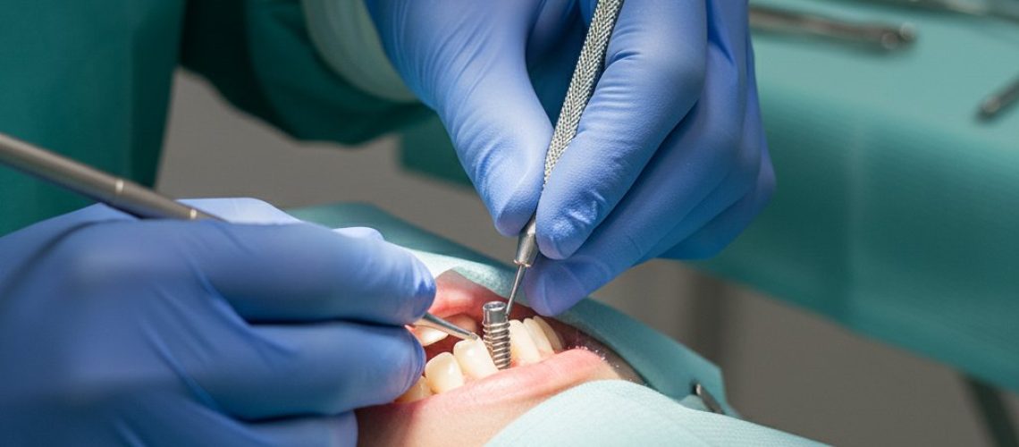 Dental implant being precisely placed in jawbone. Brightly lit, sterile surgical environment with gloved surgeon's hands.