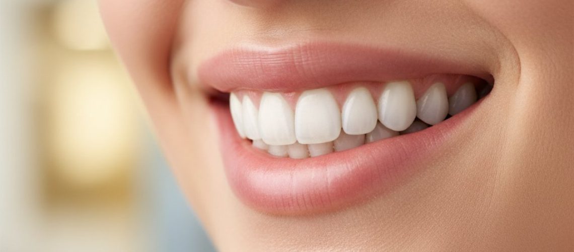 Radiant, healthy smile with aligned teeth subtly suggesting dental implants. Soft lighting, blurred modern dental office background.