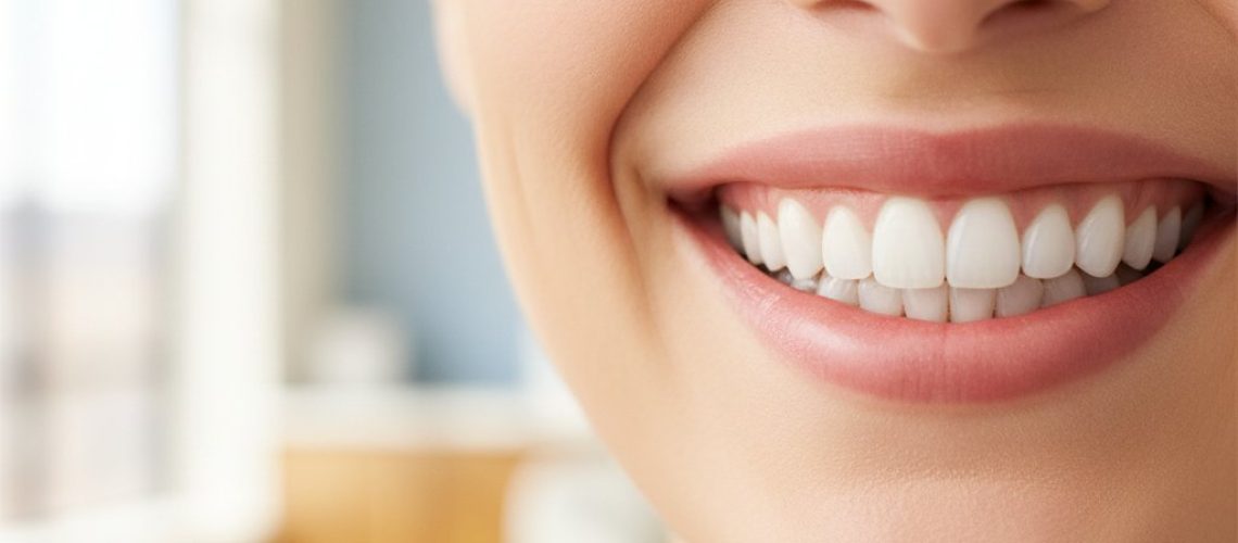 Radiant smile showing bright, healthy teeth. Softly blurred background of a modern, clean dental office.