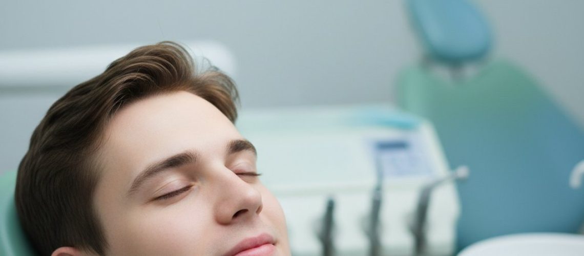 Relaxed young adult reclines in a dental chair with closed eyes. Soft lighting emphasizes peaceful expression during sedation.