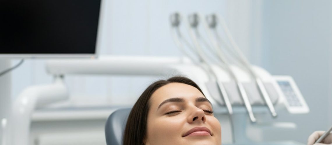 Relaxed patient in dental chair, soft lighting, serene expression. Gloved hands hint at dentist. Calming blues and grays.