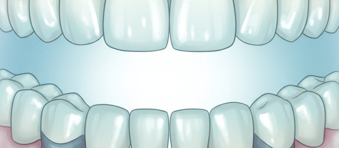 Stylized digital illustration: Healthy teeth transition into impacted wisdom teeth under translucent gums; blue, green, and white palette.