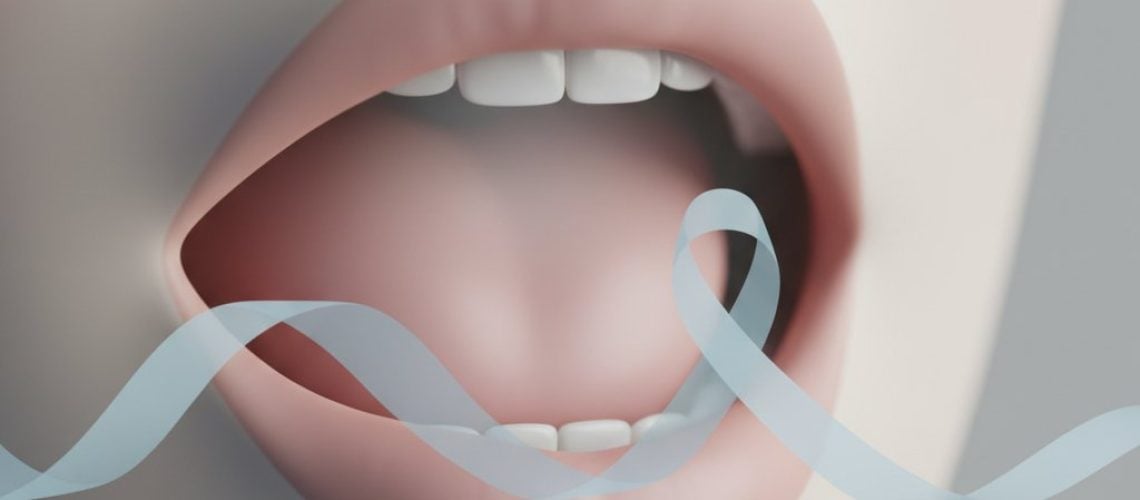 _1760378371 Abstract, soft-hued mouth/throat art in pink, gray, cream. Faint cancer awareness ribbon fades. Hopeful, focused on early detection.