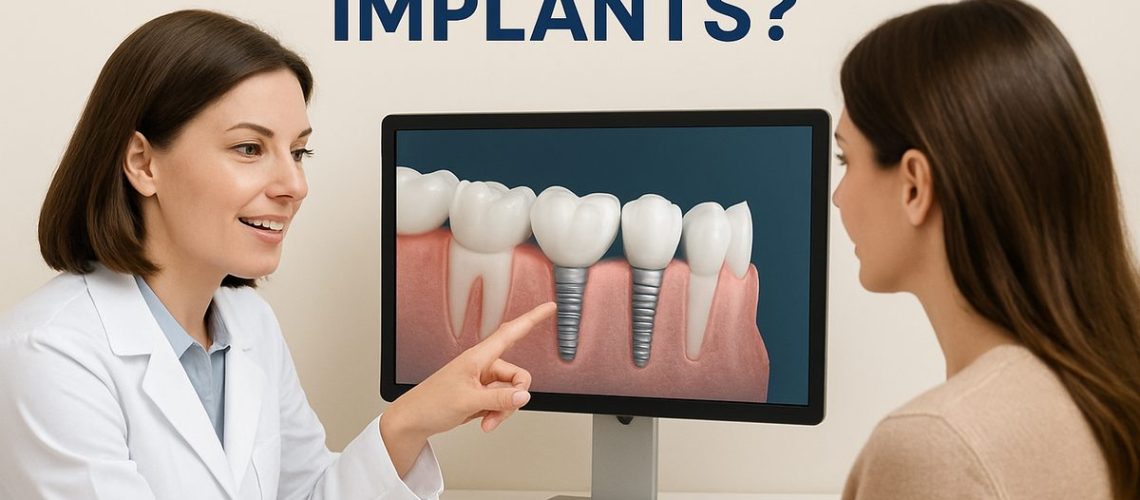 A dentist is consulting with a patient and pointing to a digital scan showcasing dental implant options. The text on the image reads "Considering Dental Implants?"