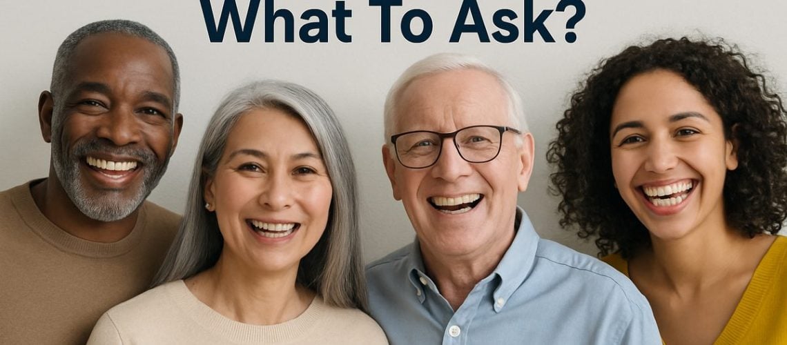 Image of a diverse group of patients happily showing off their dental implants. The image has text: "Dental Implants: What To Ask?"