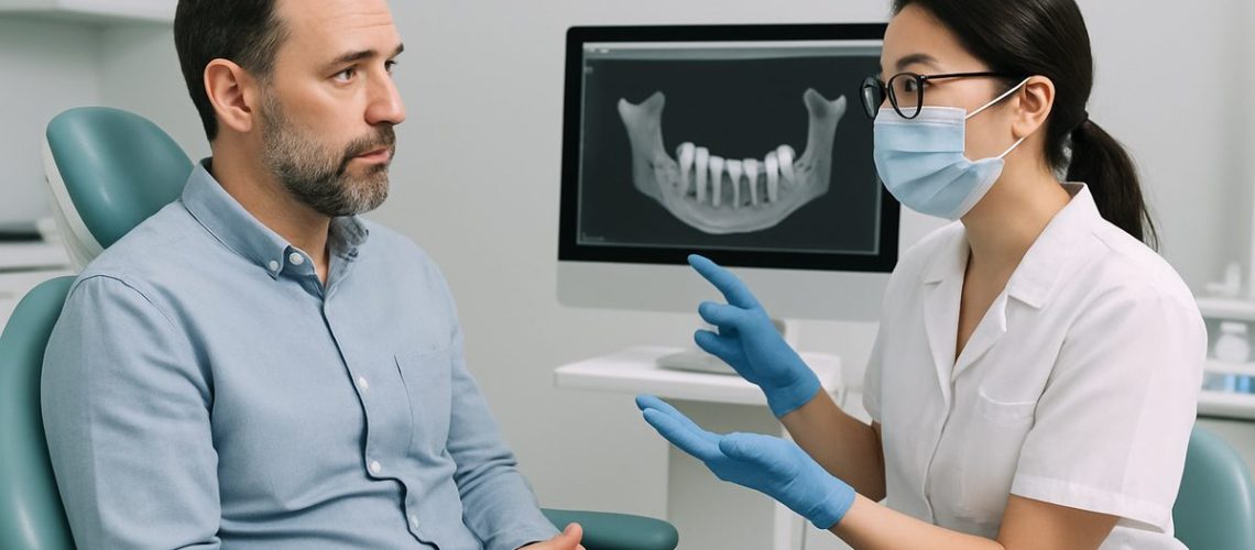 A patient is sitting in a modern dentist's chair, consulting with a dentist about options for dental implants, with a digital scan of the patient's jaw displayed on a nearby monitor. No text on the image.