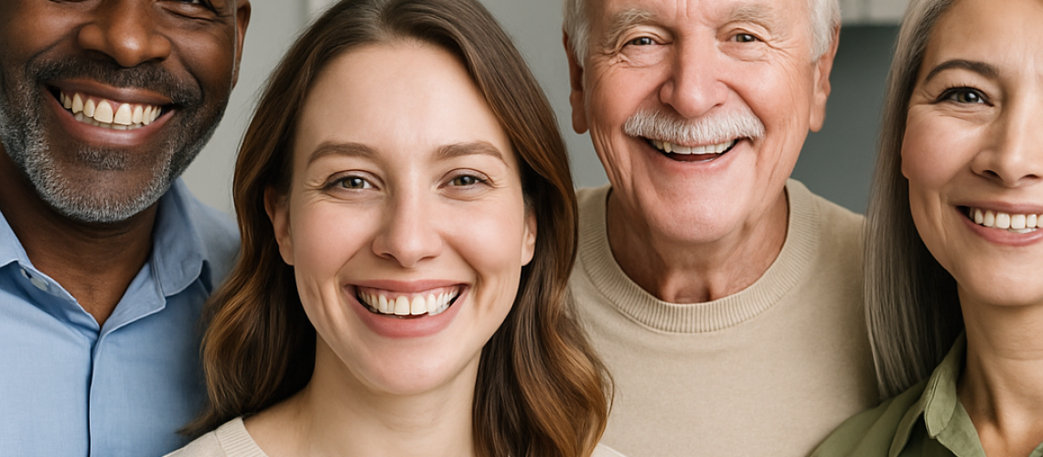 Photo of a diverse group of people smiling, showcasing various teeth replacement options, including dental implants, bridges, and dentures. The background is a modern dental office. No text on image.