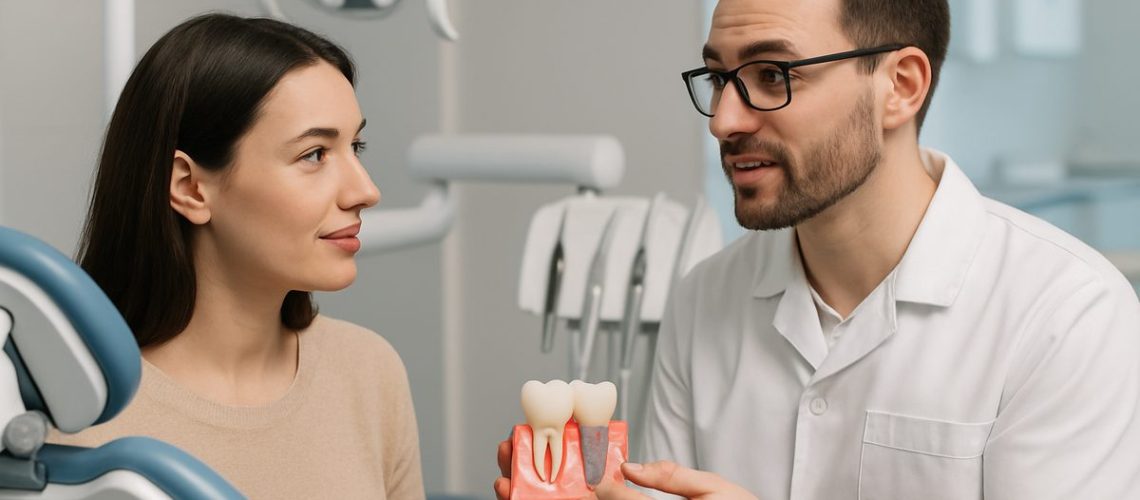 A person in a dental setting talking to their doctor about dental implants. Include modern dental equipment in the background. No text on the image.