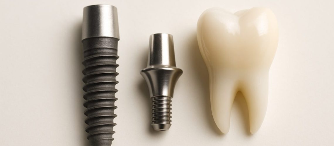 Photo showcasing the three main components of a dental implant: the implant post resembling a screw, the abutment connecting the post to the crown, and the crown that looks like a natural tooth. No text on the image.