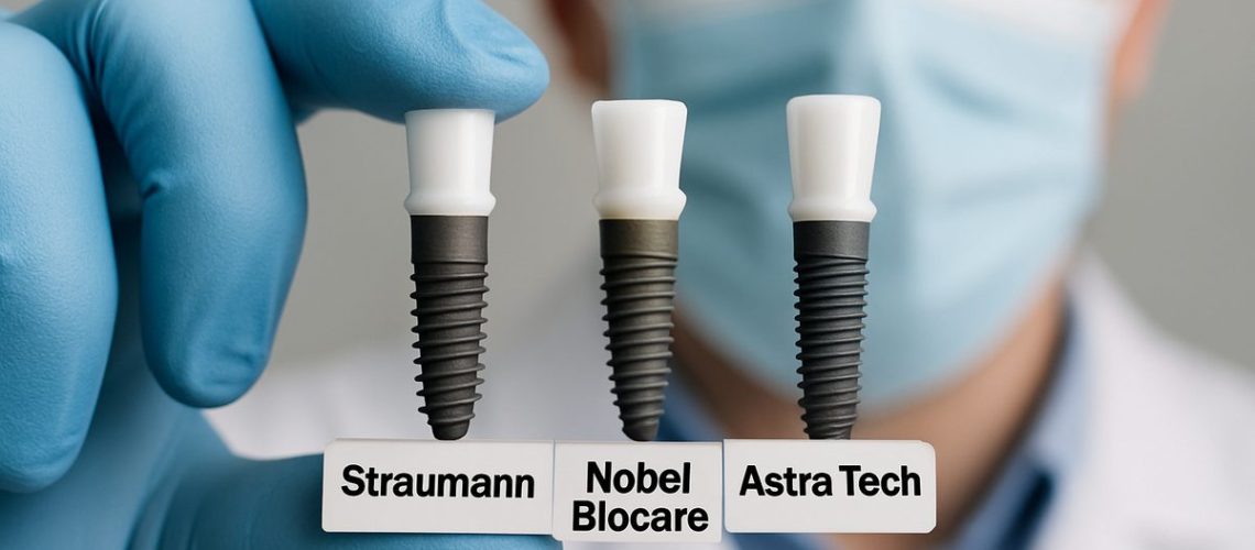 A close up image of a dentist holding three different dental implants. The implants are labeled with the following text: "Straumann", "Nobel Biocare", and "Astra Tech".