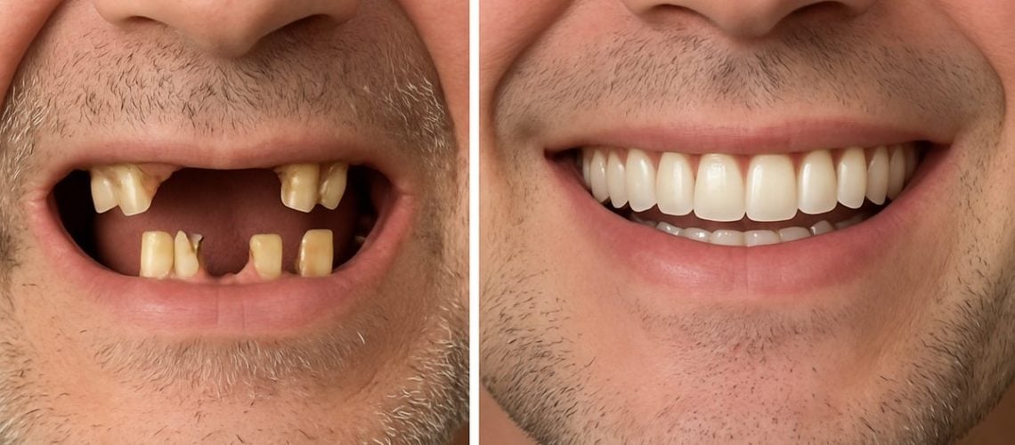 An image showcasing a before and after of a patient who has had implant dentures placed. The before image showing broken and missing teeth, and the after image showing a full and healthy smile with the denture implants. No text on image.