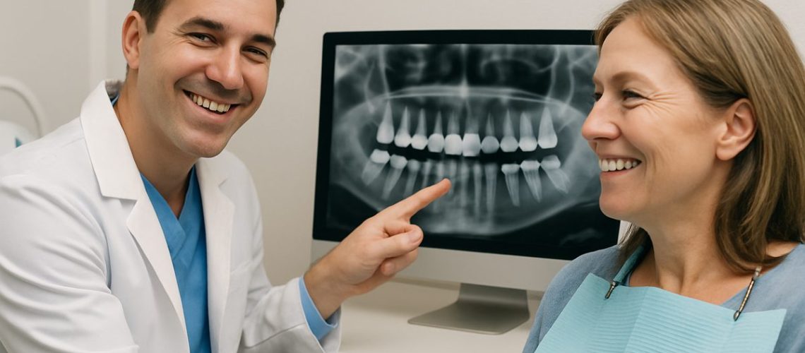 Image of a dentist smiling with their patient while pointing to a set of full mouth dental implants on a computer screen. No text on the image.