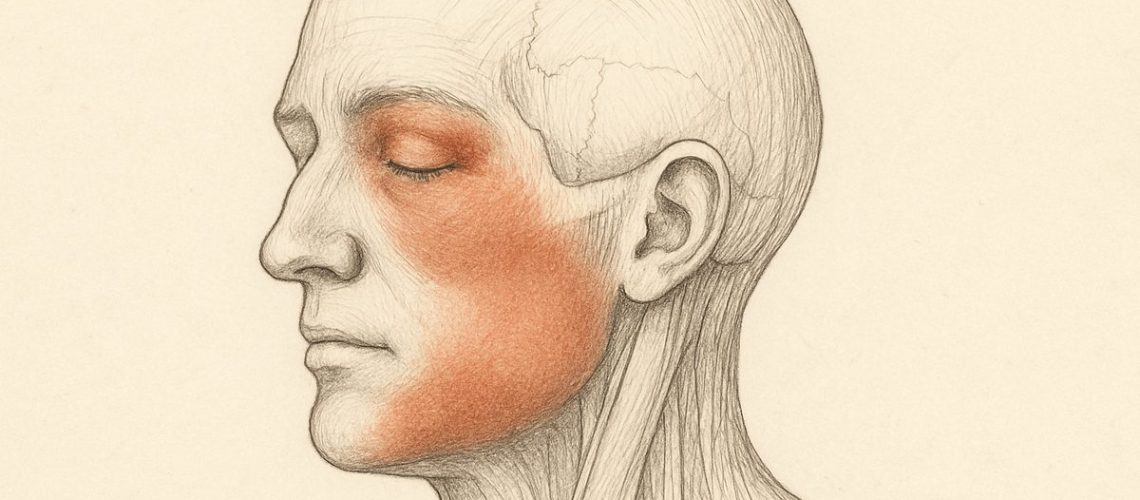 Anatomic drawing of a human head, highlighting the common areas where bruising may appear following wisdom tooth extraction: the cheek, lower eyelid, and jaw. No text on image.