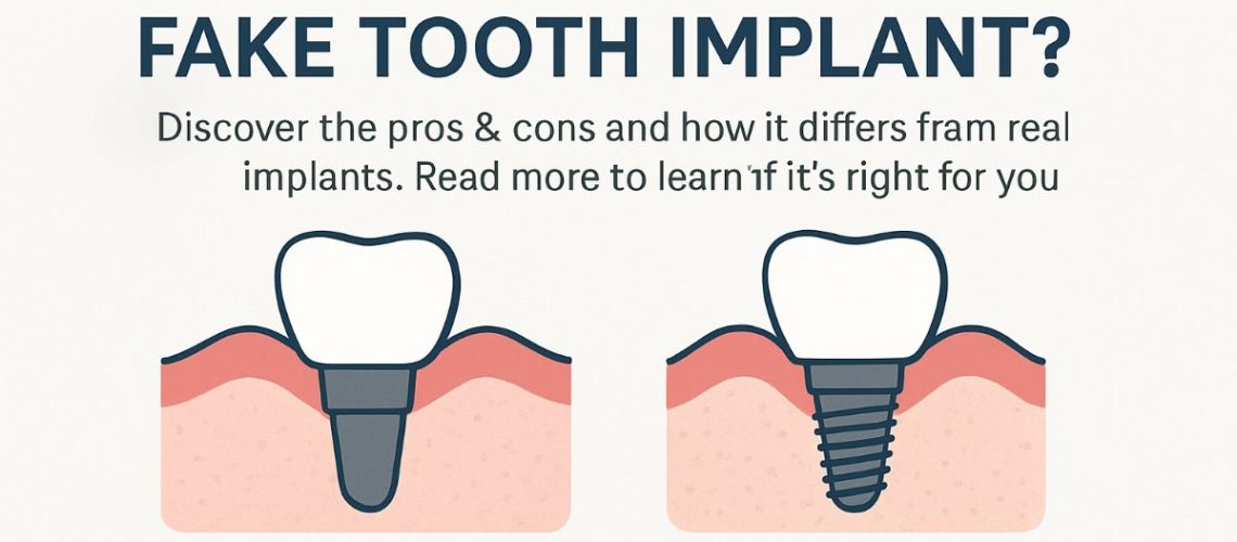 Close up comparison of an x-ray of a jaw with a traditional dental implant that is fully integrated into the jaw bone on the left, and a "fake tooth implant" that is loosely connected to the gum on the right. No text on the image.