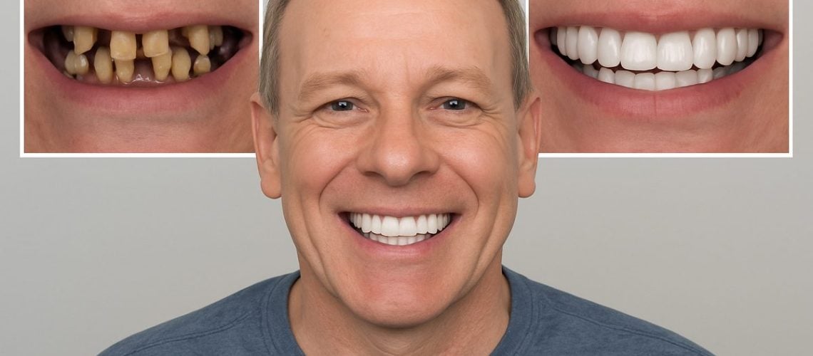 Image of a patient smiling, showcasing their dental implants. Include before and after photos in the background, highlighting the transformation achieved through dental implants. No text on image.