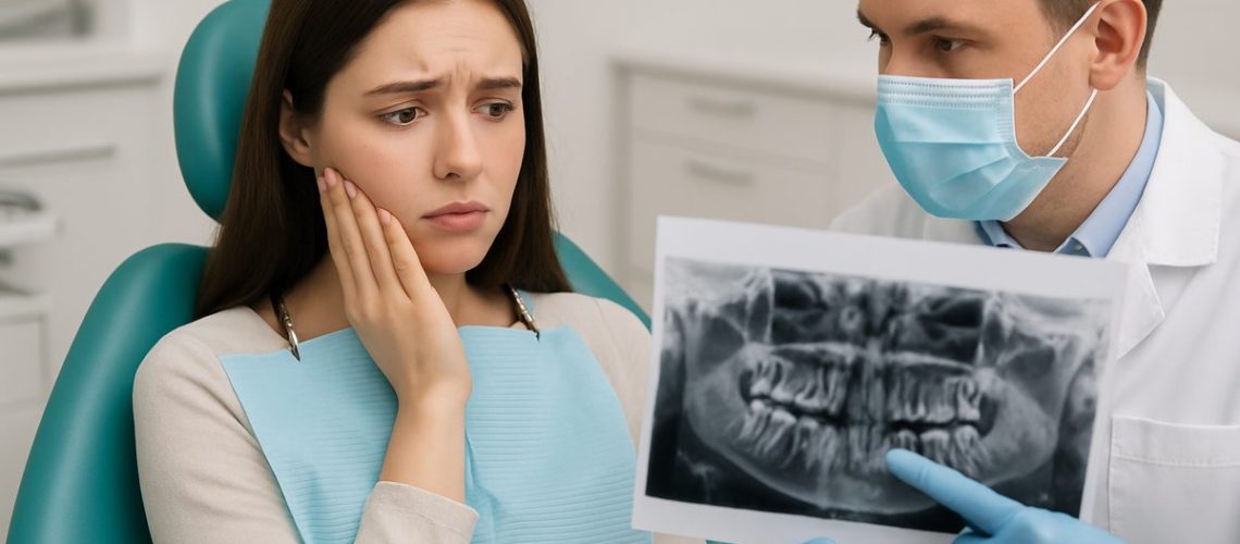 Image of a young woman in a dental chair, looking anxious as a dentist explains the wisdom teeth extraction procedure using a panoramic X-ray. No text on image.