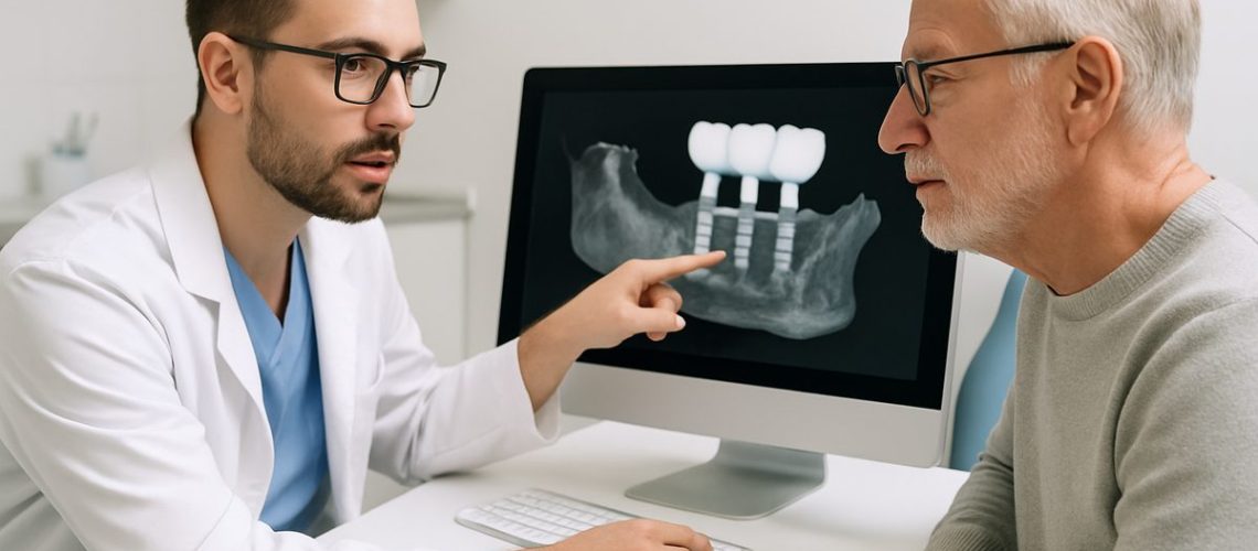 A dentist is consulting with a mature patient, pointing to a 3D scan of the patient's jawbone, illustrating the evaluation process for dental implants.