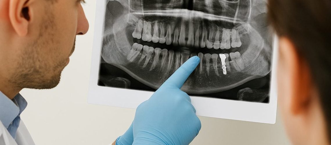 A close-up image showing a dentist pointing to an implant site on a patient's dental x-ray.
