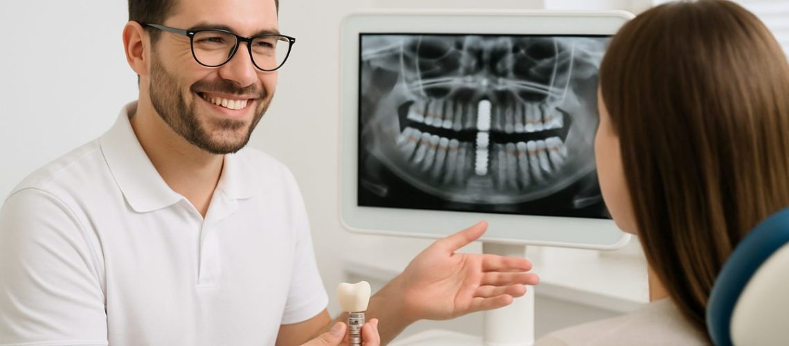 Image of a dentist smiling and consulting with a patient about a dental implant, showing the implant placement on a digital screen. No text on the image.