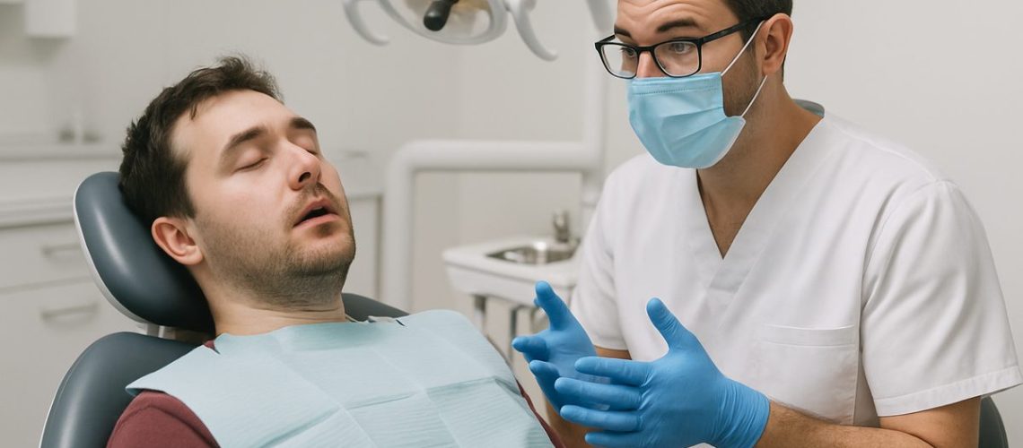 A person laying down in a dentist chair post surgery. The dentist is explaining after care instructions to them. No text on the image.