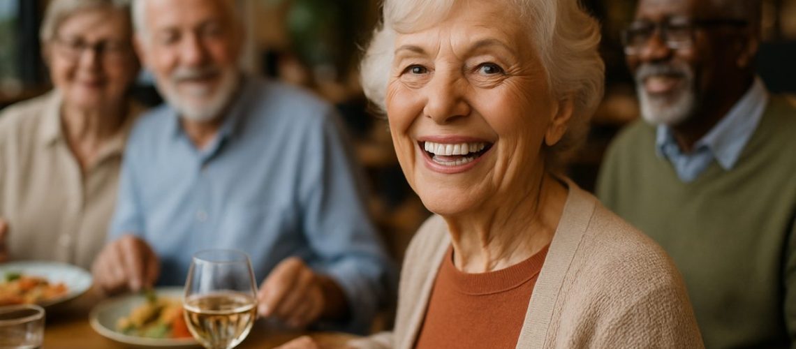 Smiling senior woman with dental implants, enjoying a meal at a restaurant with friends. No text on image.