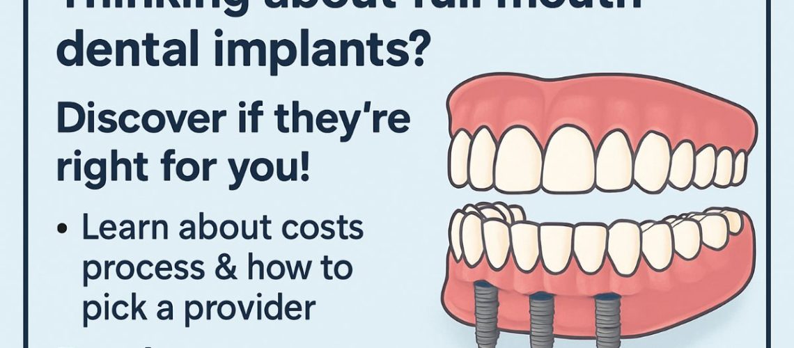 Image of a dentist consulting with a patient about full dental implants, using a digital display to show the implant process and final results. The dentist is pointing to the screen, highlighting the benefits of the procedure. No text on the image.
