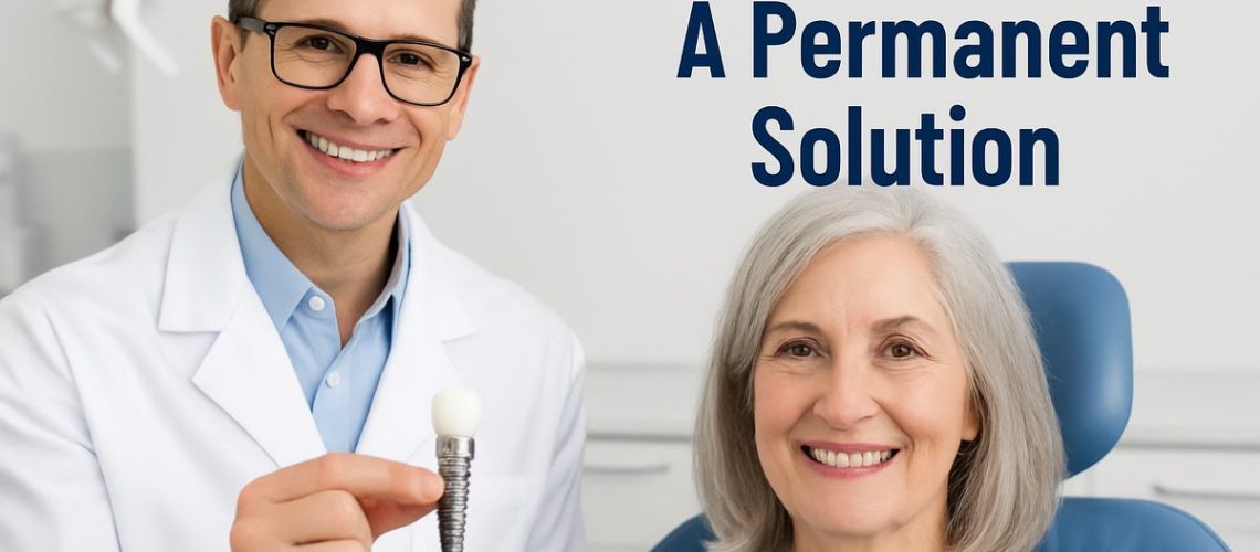 A dentist is holding a dental implant next to a smiling, mature female patient. The text on the image reads "Dental Implants: A Permanent Solution"