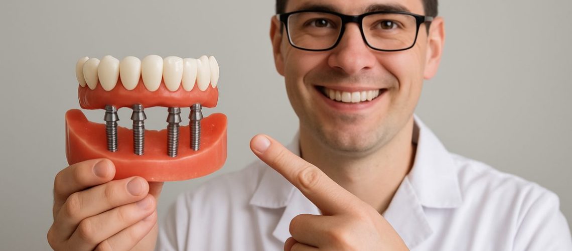 A dentist is pointing to a model of "all on 4 dental implants". No text on image.